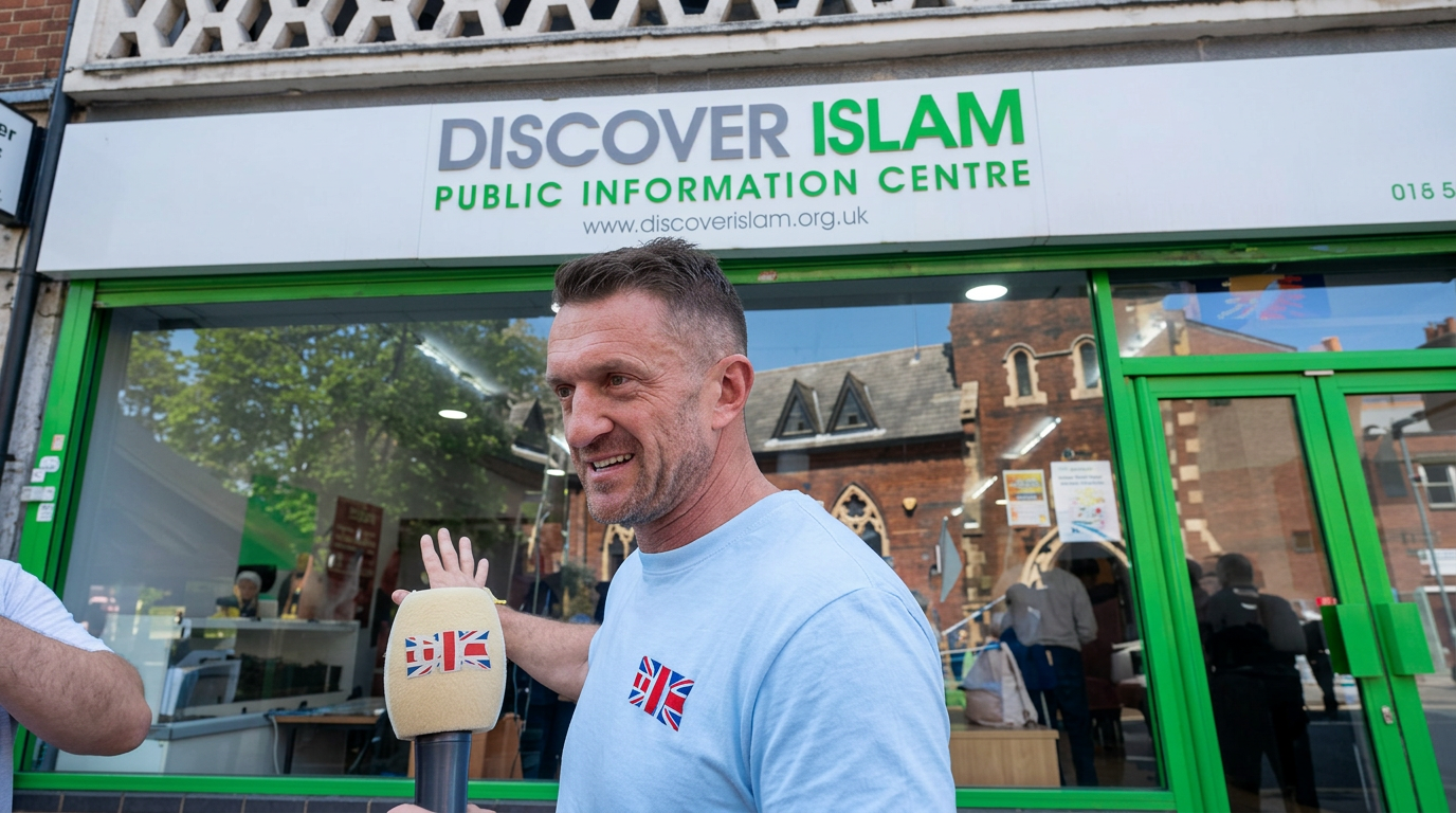 Tommy Robinson speaking outside a Discover Islam centre in Luton.