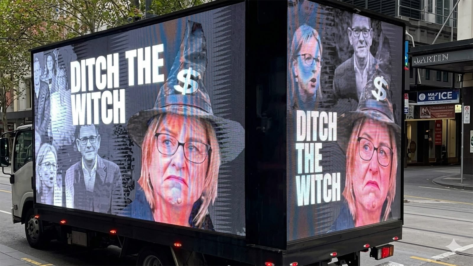 Billboard truck showing Jacinta Allan in a witch hat with Ditch the Witch slogan