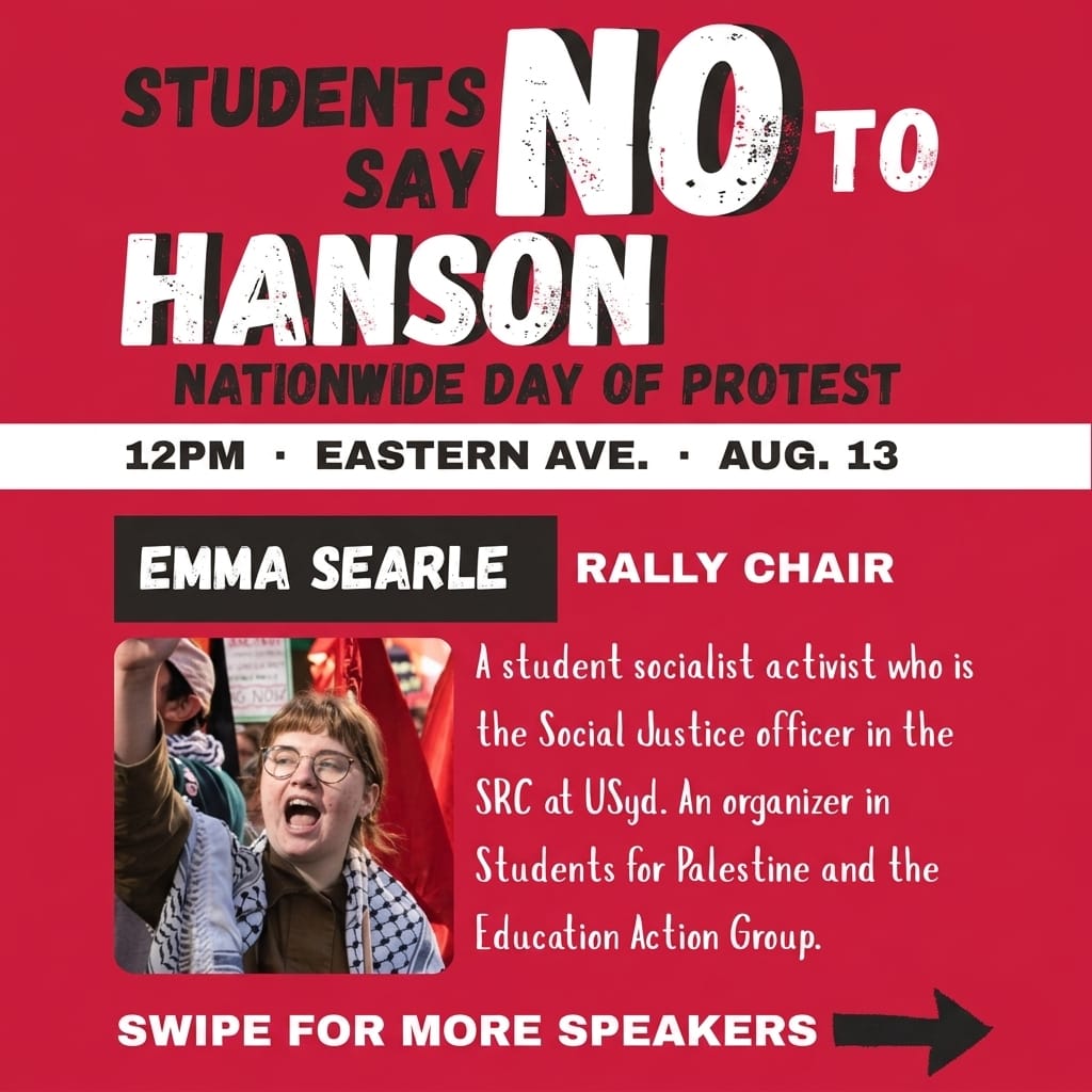 Protest speaker card for Emma Searle, rally chair, with her photograph