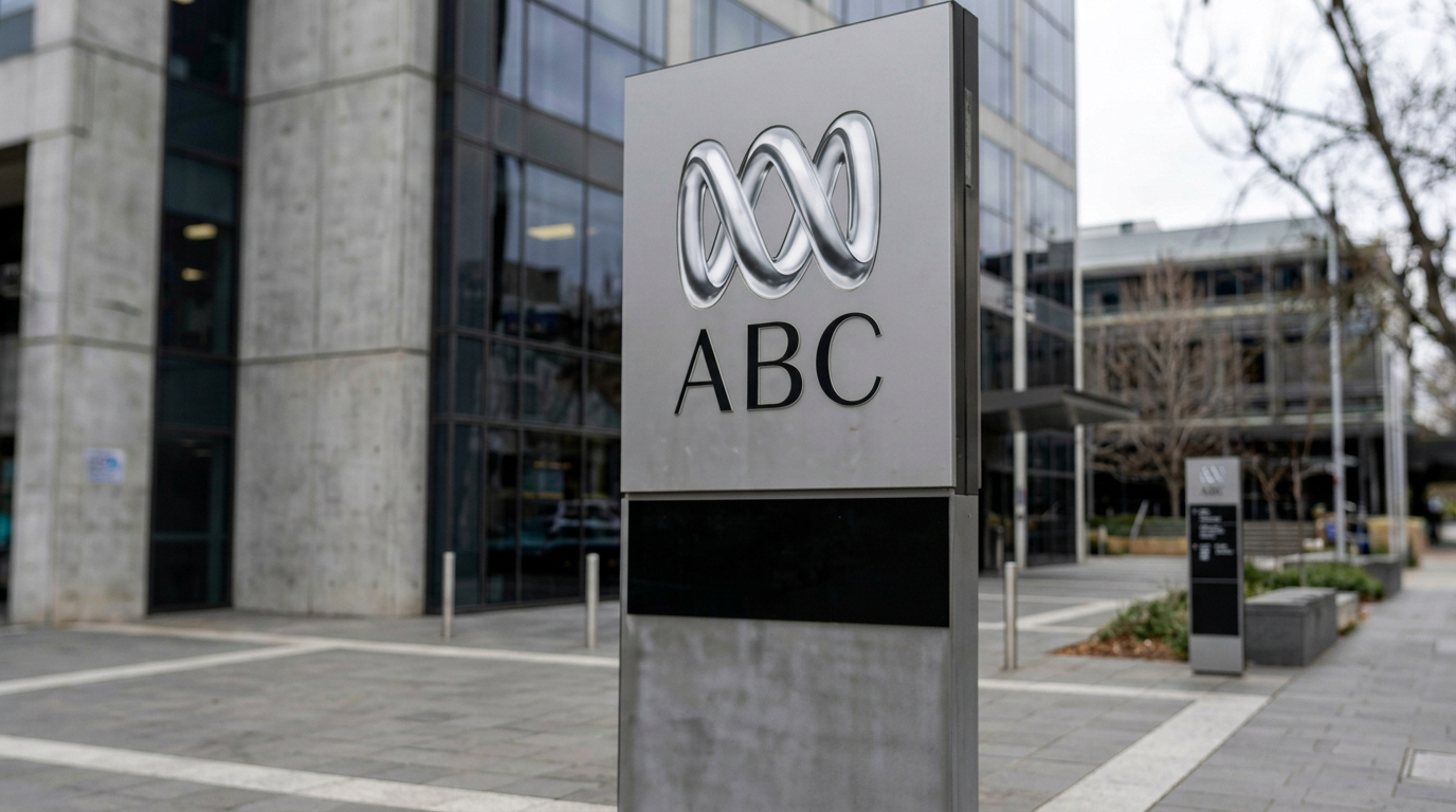 Illustration of an ABC building and its logo signage under a grey sky