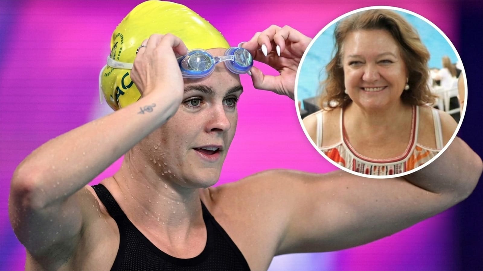 Shayna Jack adjusting goggles with Gina Rinehart pictured inset