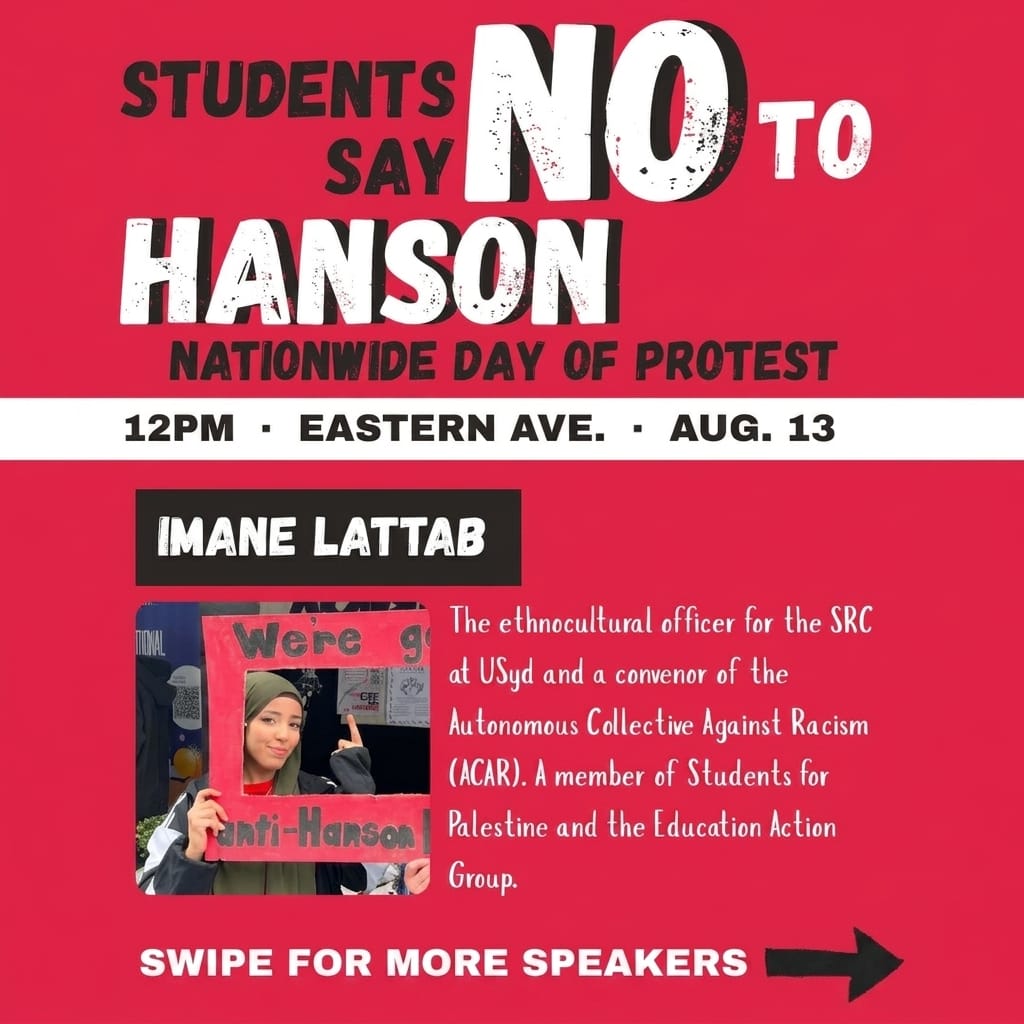 Protest speaker card for Imane Lattab with her photograph and biography