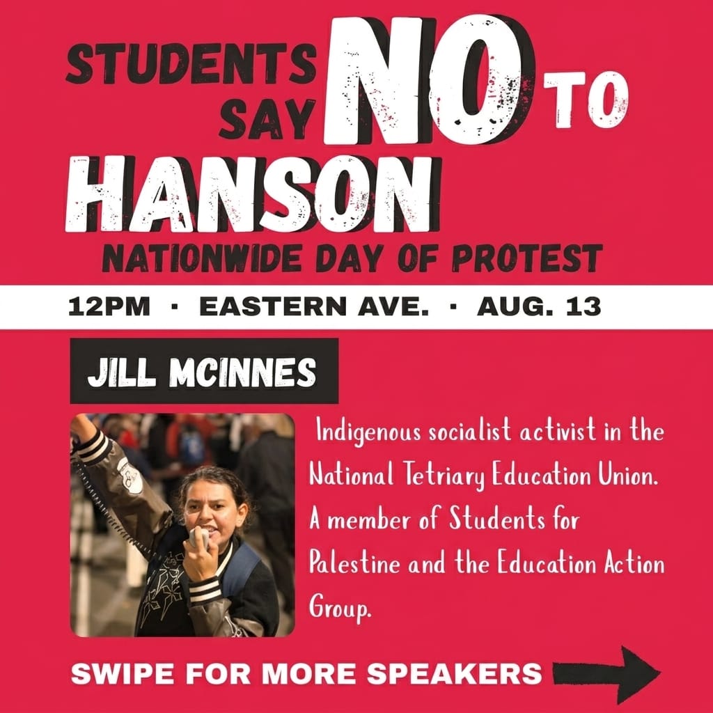 Protest speaker card for Jill McInnes with her photograph and biography