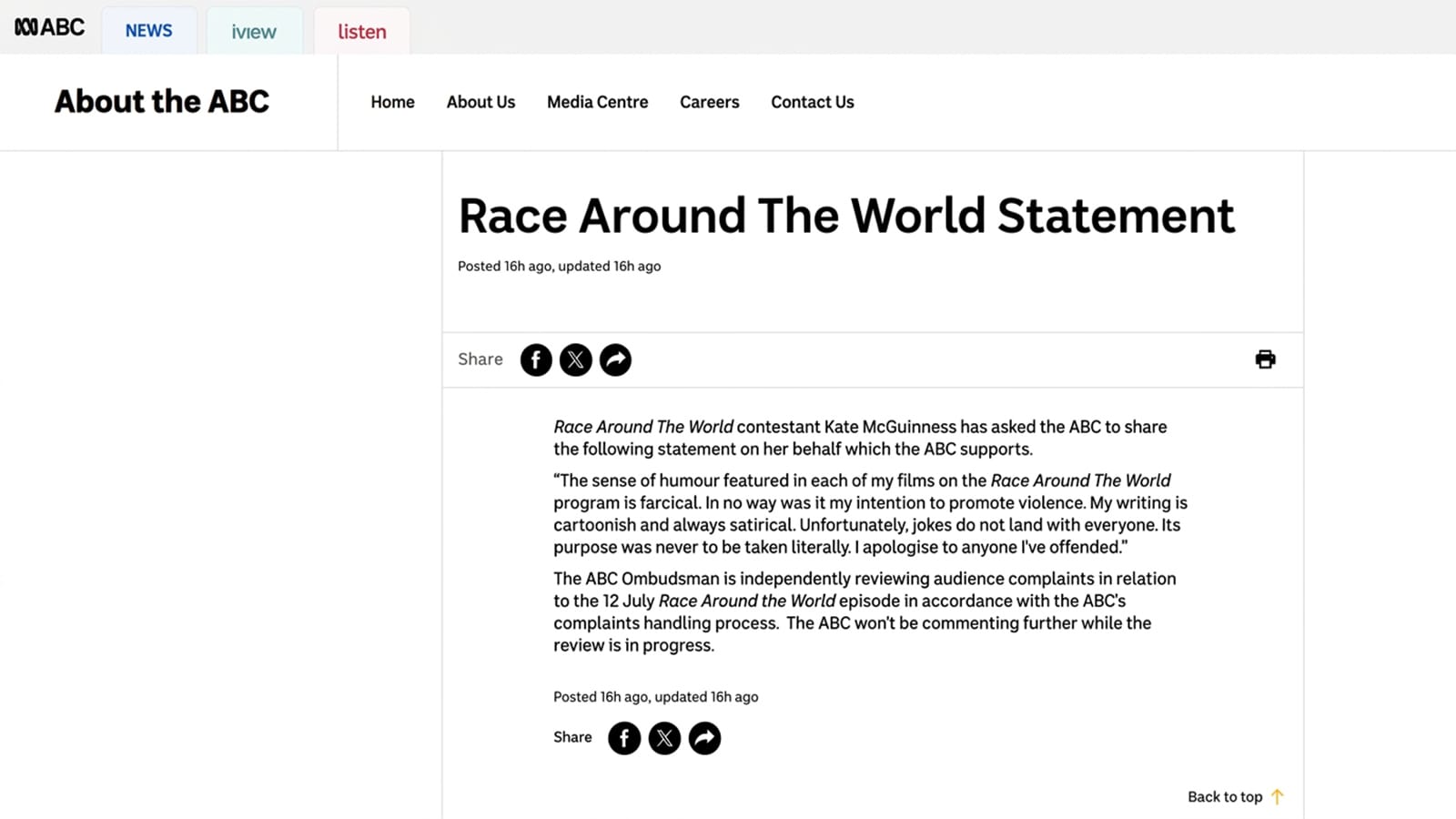 Screenshot of the ABC website statement page carrying the filmmaker's apology