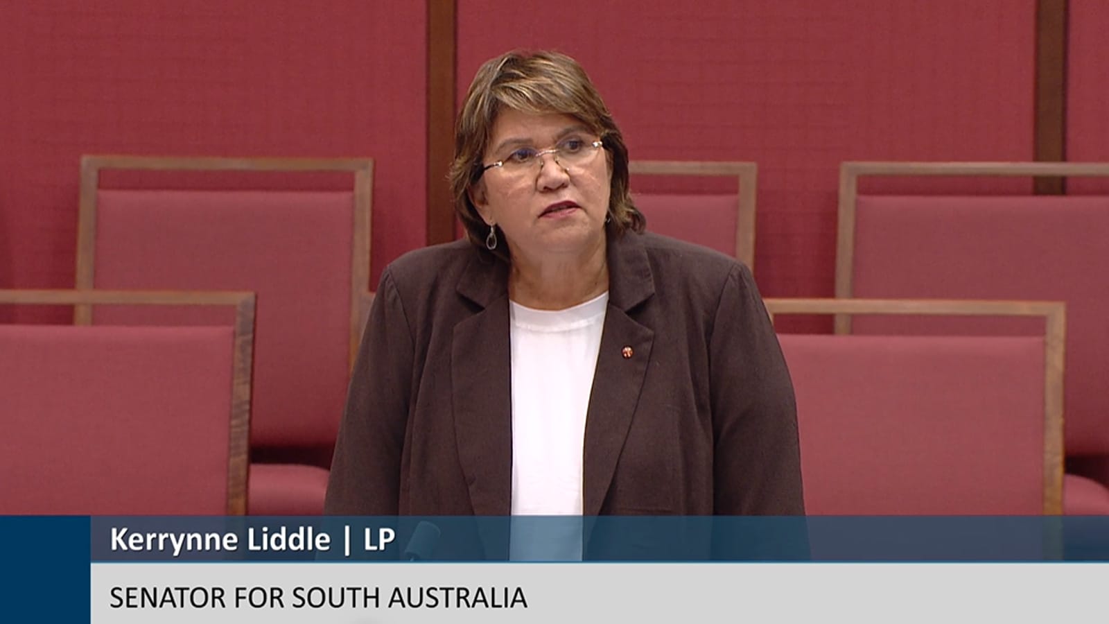 Kerrynne Liddle speaking in the Senate with an on screen nameplate