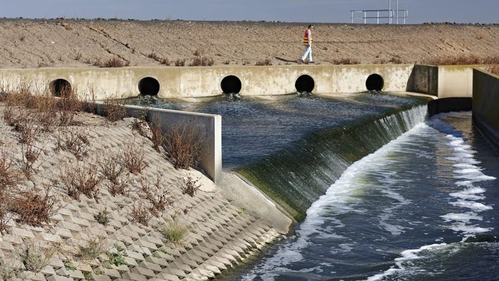 Outlet pipes discharging water into a channel at the Western Treatment Plant