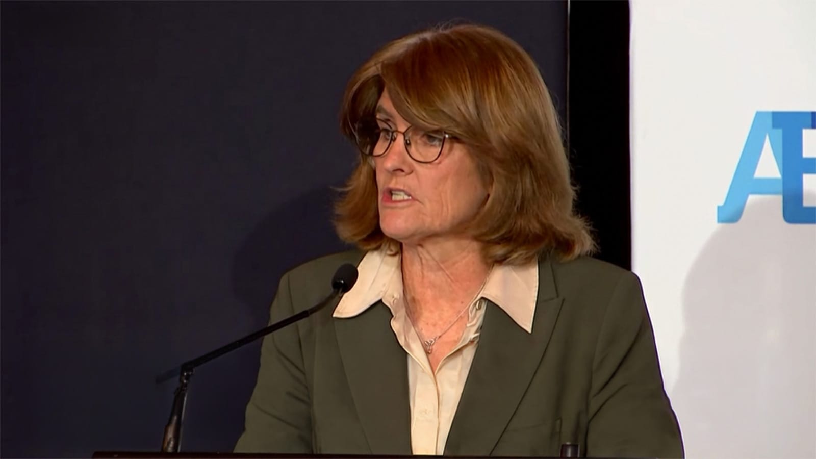 Michele Bullock speaking at a lectern microphone during a public address