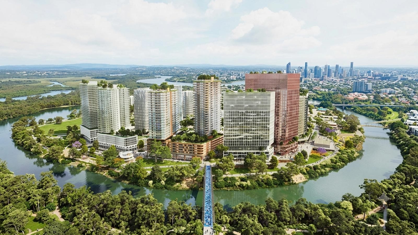 Aerial artist impression of Moore Point towers ringed by the Georges River