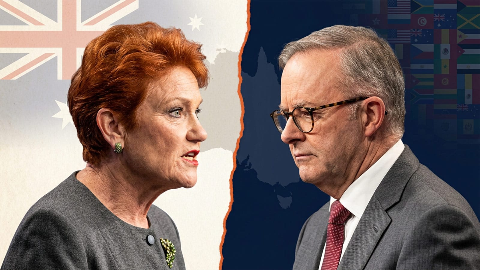 Illustrated composite of Pauline Hanson and Anthony Albanese divided by a tear