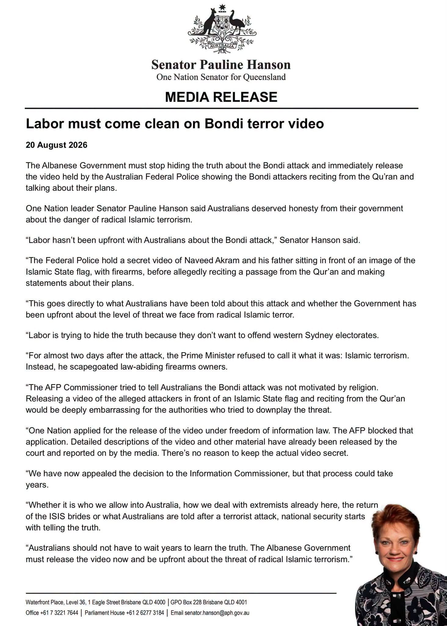 Senator Pauline Hanson's media release titled Labor must come clean