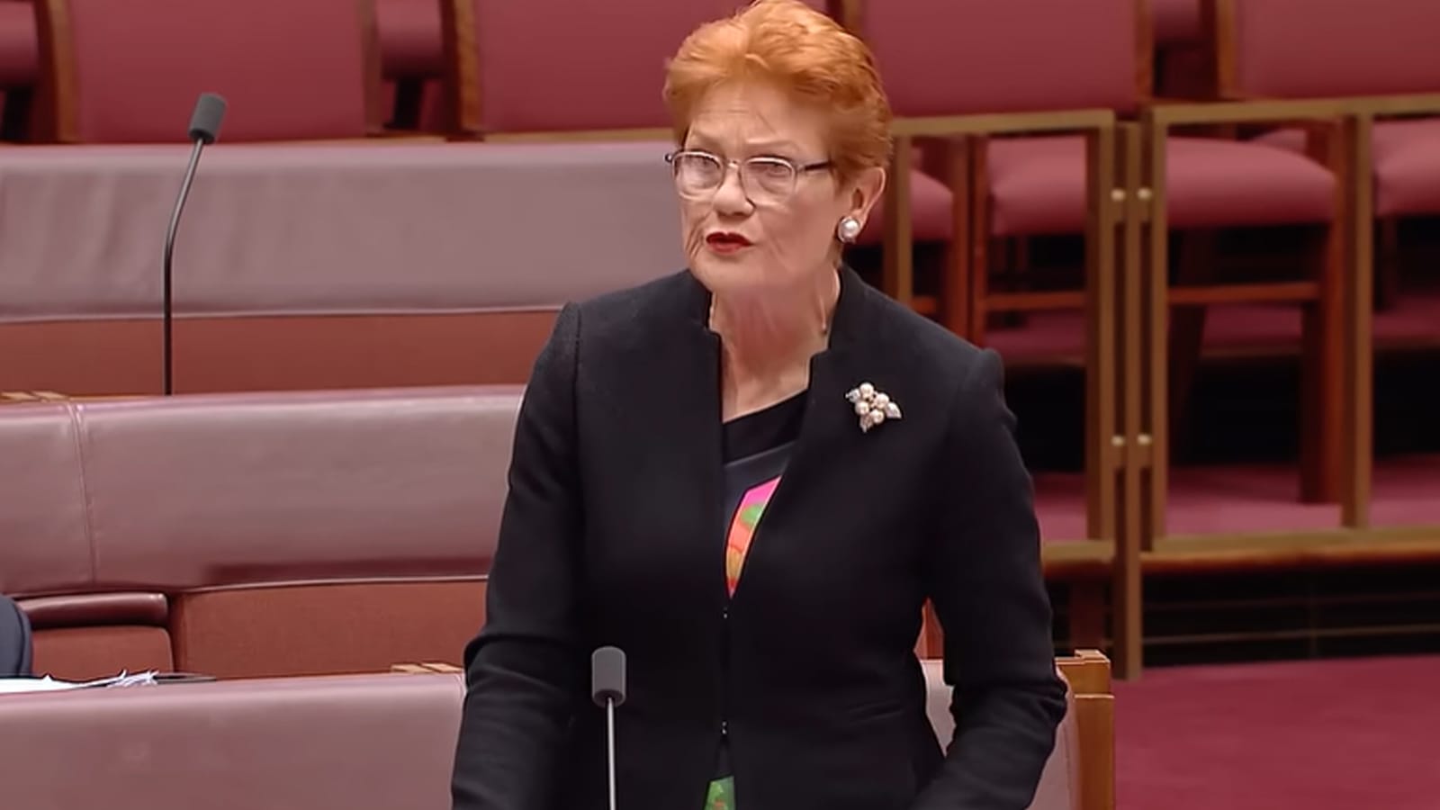 Pauline Hanson speaking in the Senate chamber during Question Time.