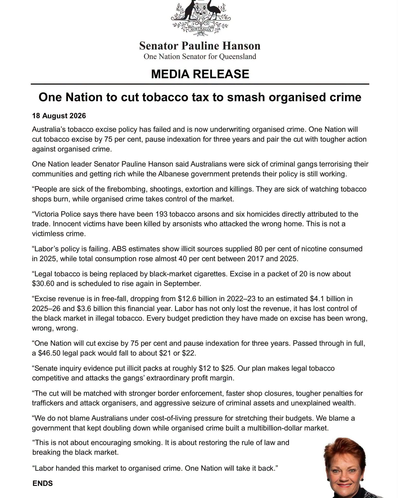 One Nation media release announcing a 75% cut to the tobacco excise.