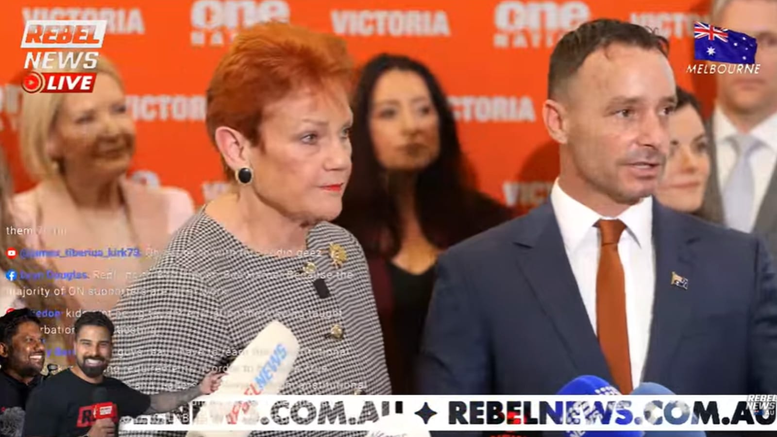 Pauline Hanson speaking to reporters with Warren Pickering standing beside her.