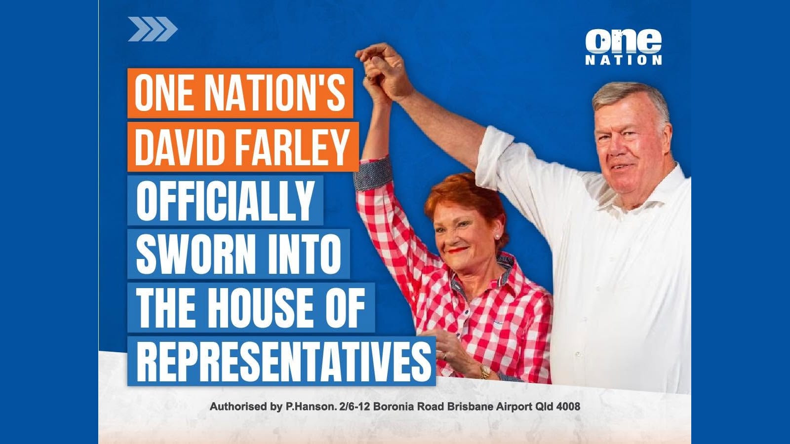 Pauline Hanson and David Farley celebrate his swearing in to Parliament