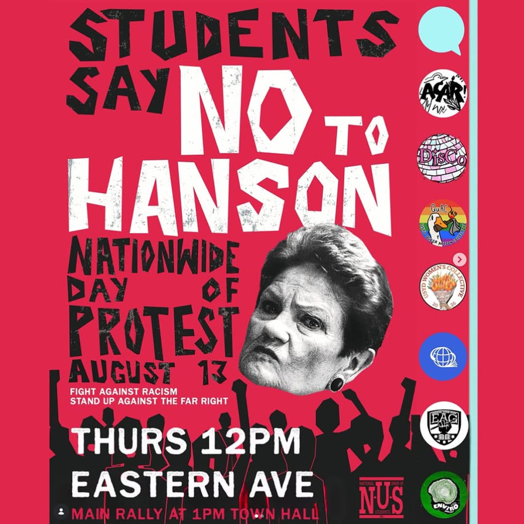 Protest poster showing Pauline Hanson, the August 13 date and Sydney details.