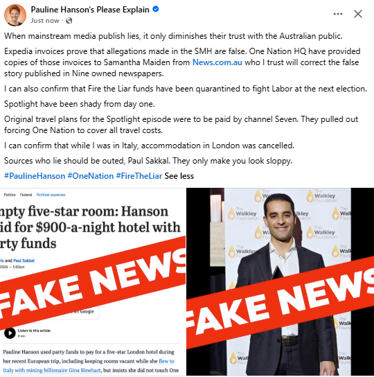 Pauline Hanson's Facebook post stamping fake news over the Herald story