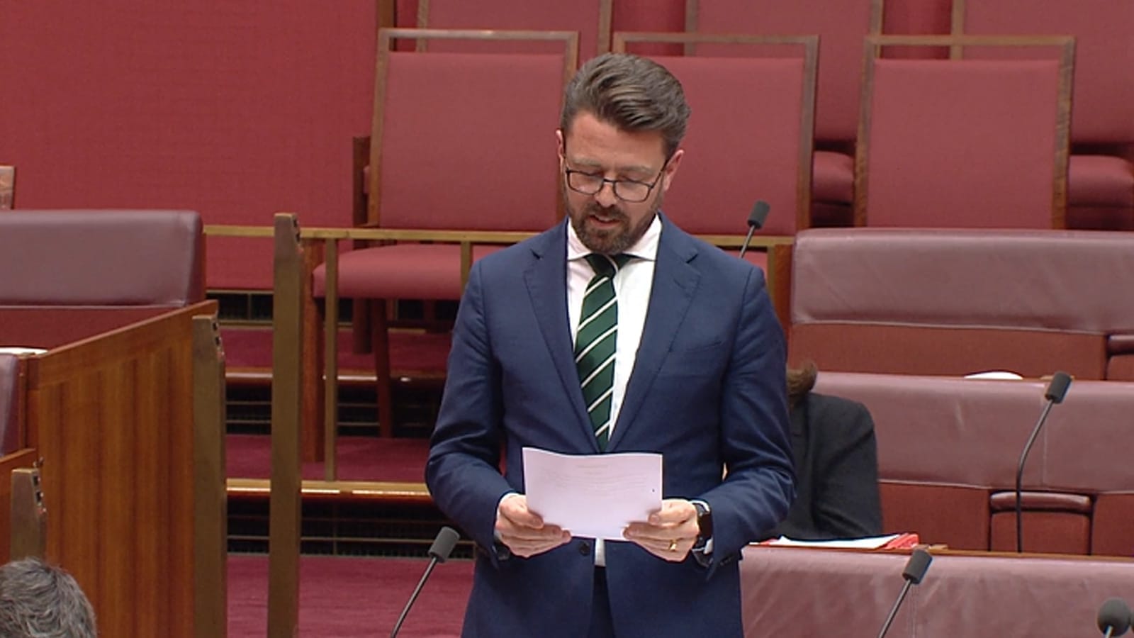 Senator Jonathon Duniam speaking in the Senate chamber during the division