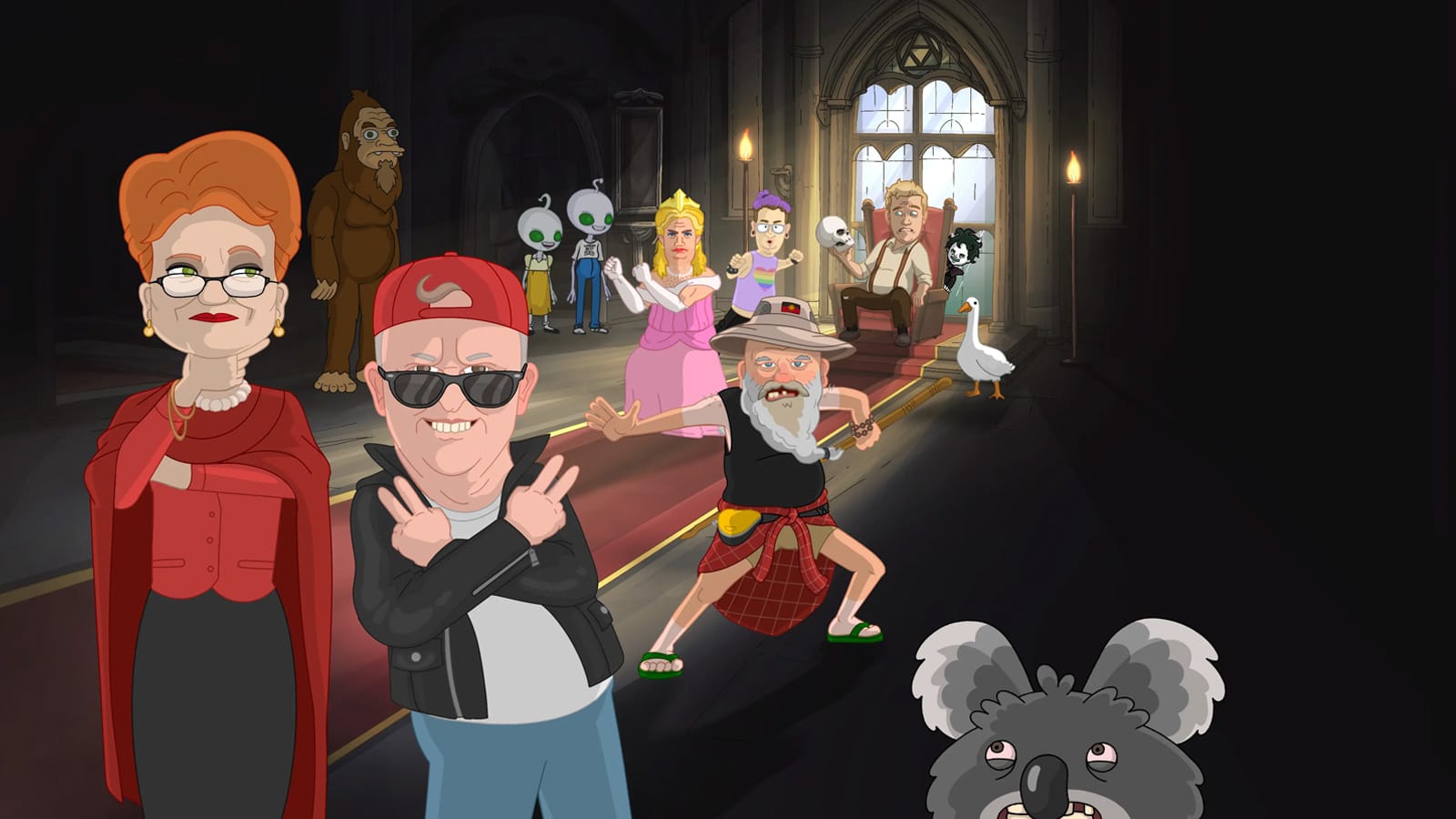 Animated Pauline Hanson with cartoon characters inside a dark gothic hall.