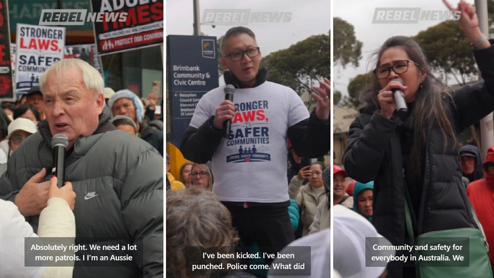 Three speakers addressing the Sunshine rally, holding microphones in the crowd