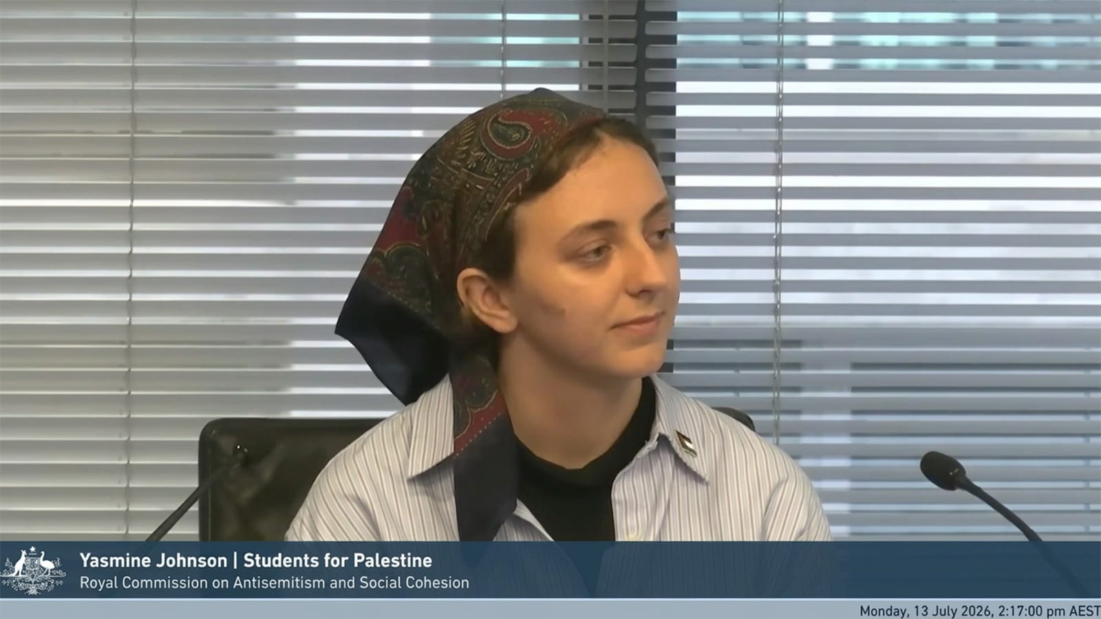 Yasmine Johnson giving evidence at the Royal Commission on Antisemitism hearing.