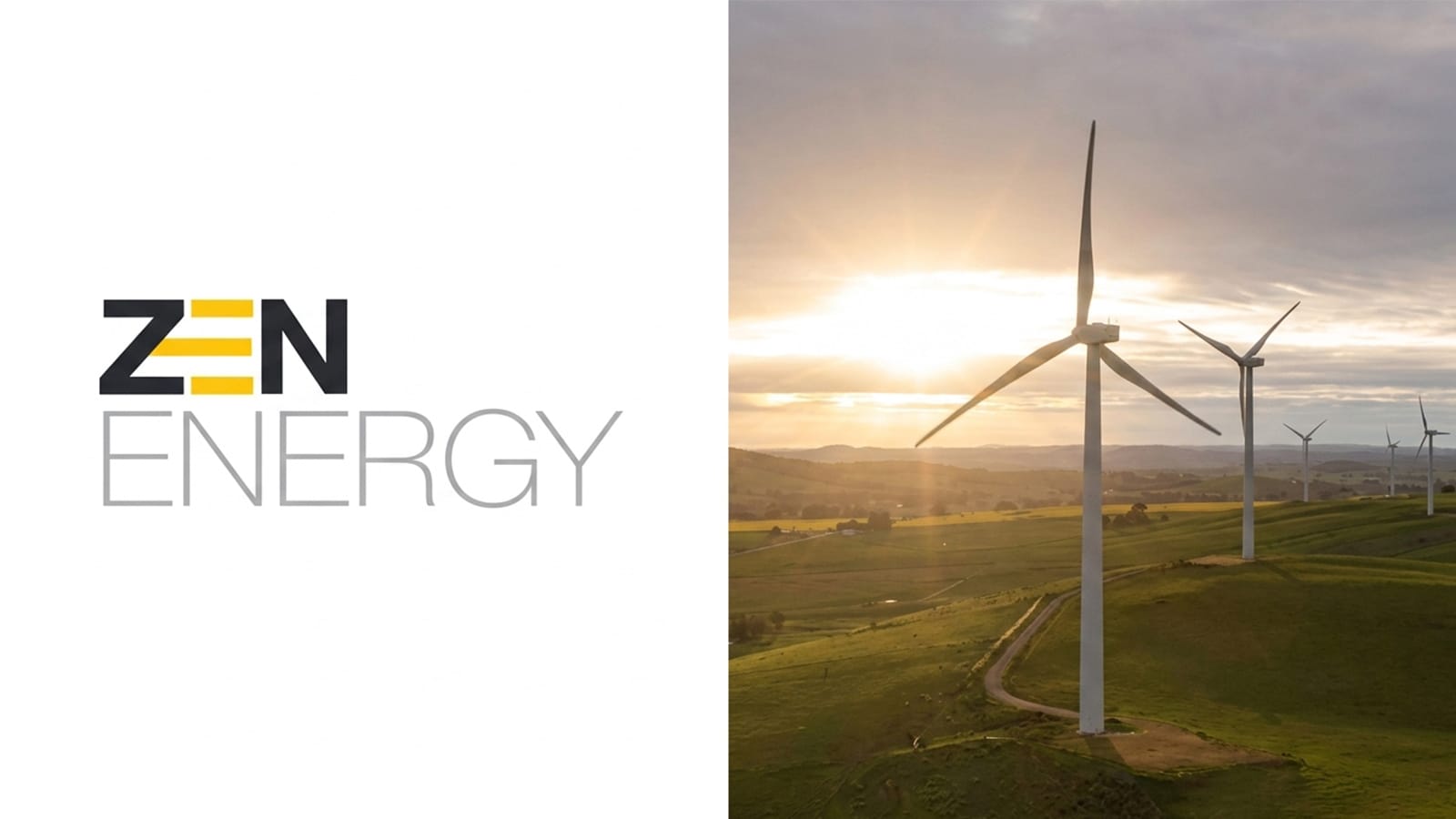 ZEN Energy logo beside wind turbines on farmland at sunset.