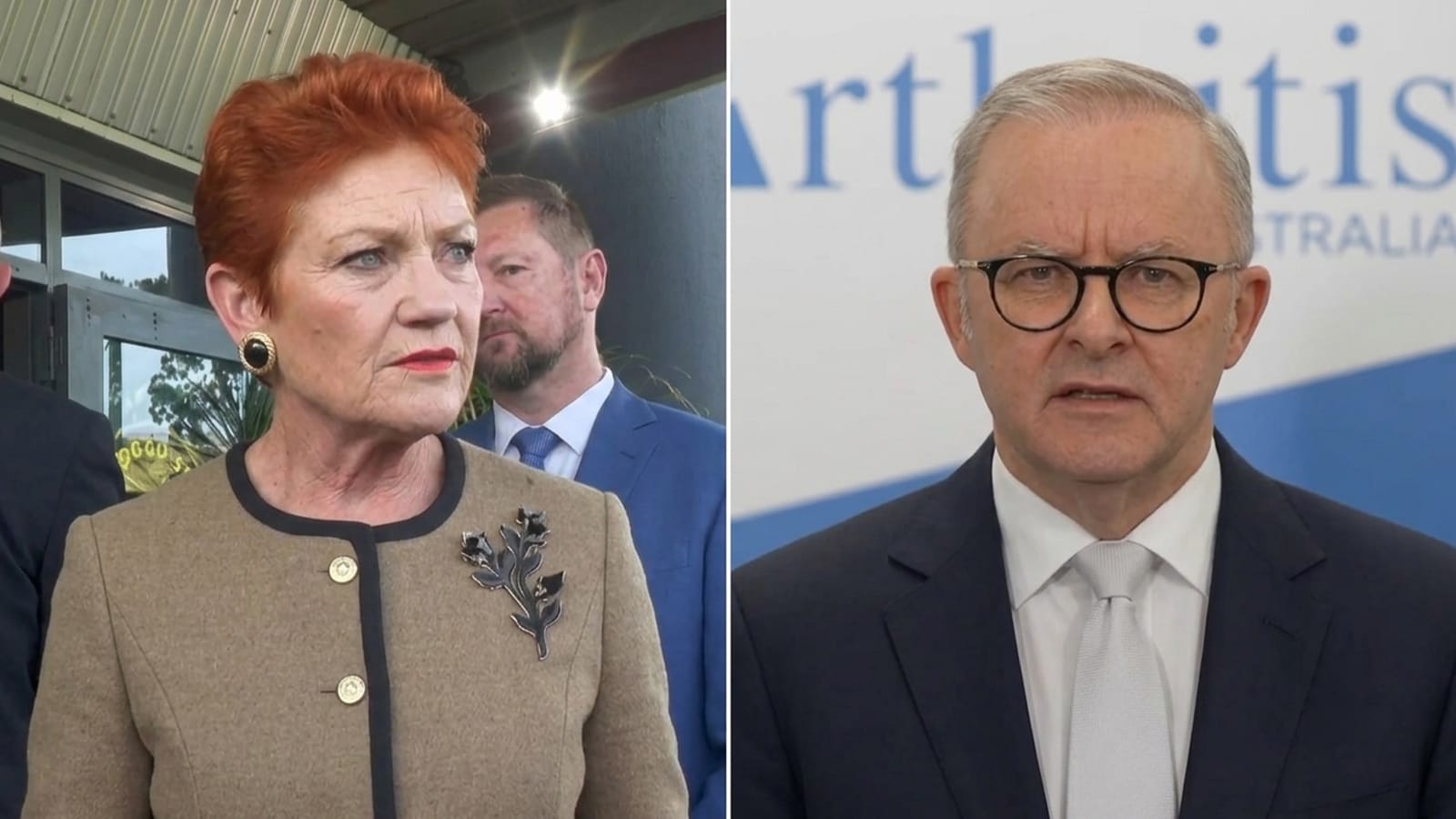 Pauline Hanson speaking to reporters beside Anthony Albanese at a press conference
