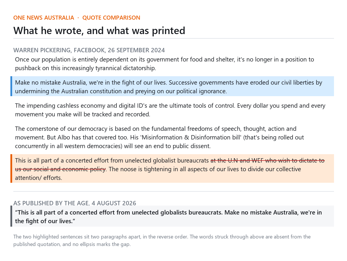 Comparison of Warren Pickering's Facebook post against the quotation published by The Age