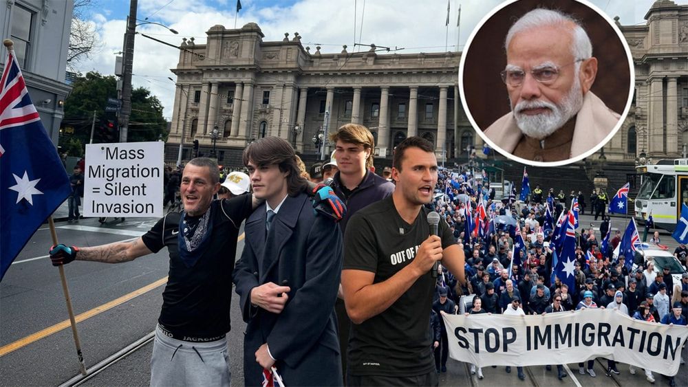 Modi's Melbourne community event draws an anti immigration protest marching on Marvel Stadium