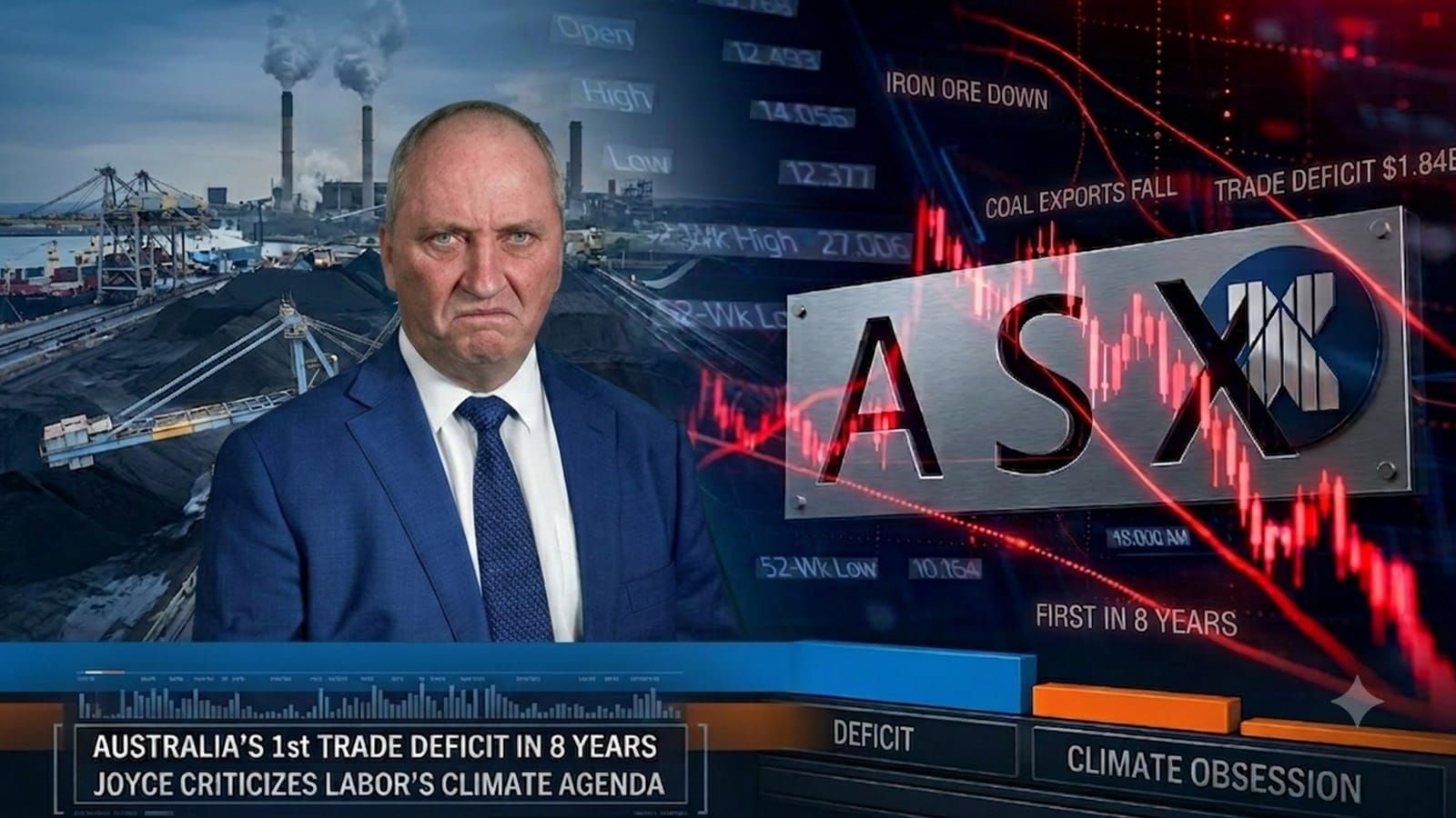 Australia's first trade deficit in eight years lands as Joyce calls out Labor's climate obsession