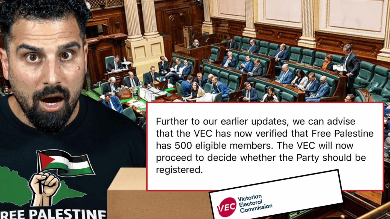 Avi Yemini beside the Victorian Electoral Commission statement on Free Palestine