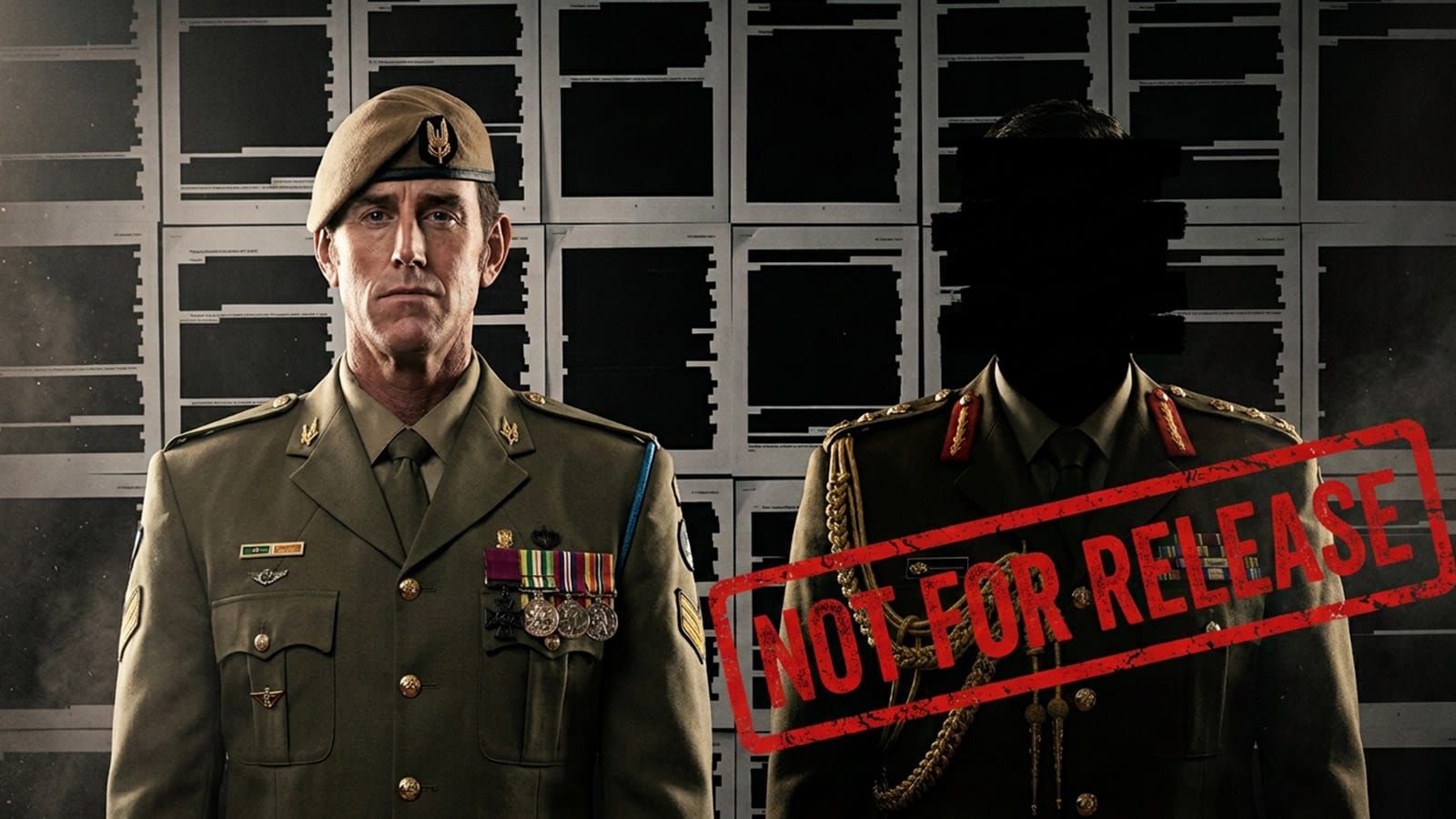 Ben Roberts-Smith in uniform beside a senior officer blacked out by redaction