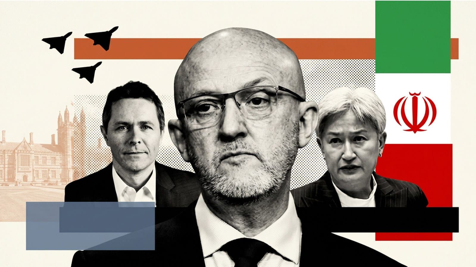 Mike Burgess, Jason Clare and Penny Wong beside an Iranian flag graphic.