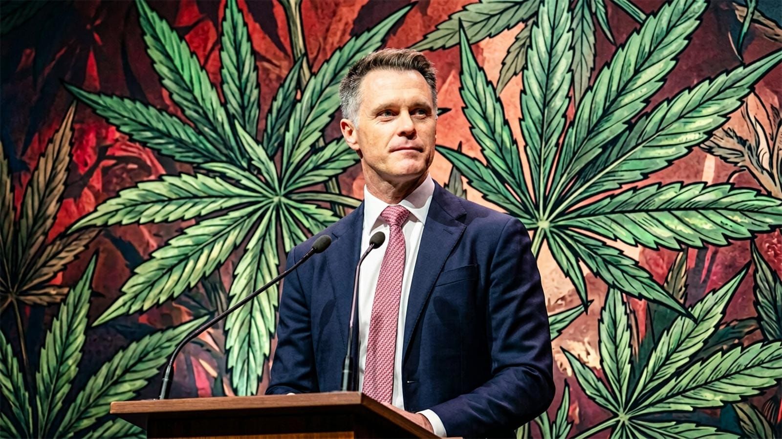 Chris Minns at a podium in front of a cannabis leaf mural