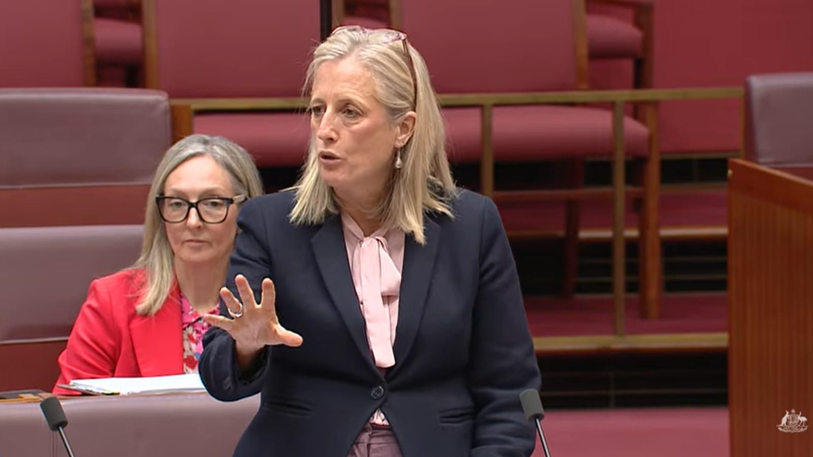 Katy Gallagher speaking and gesturing in the Senate chamber
