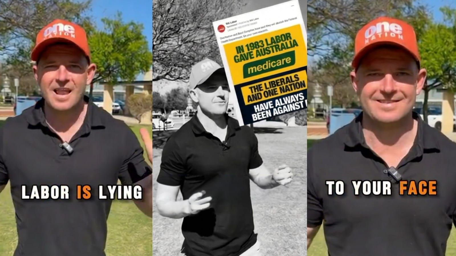 Luke Herdegen in a One Nation cap holding a Labor Medicare ad