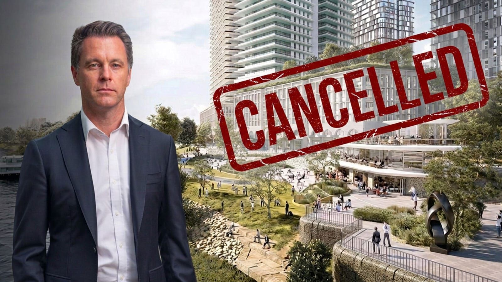 Composite of Premier Chris Minns beside a cancelled Moore Point artist impression