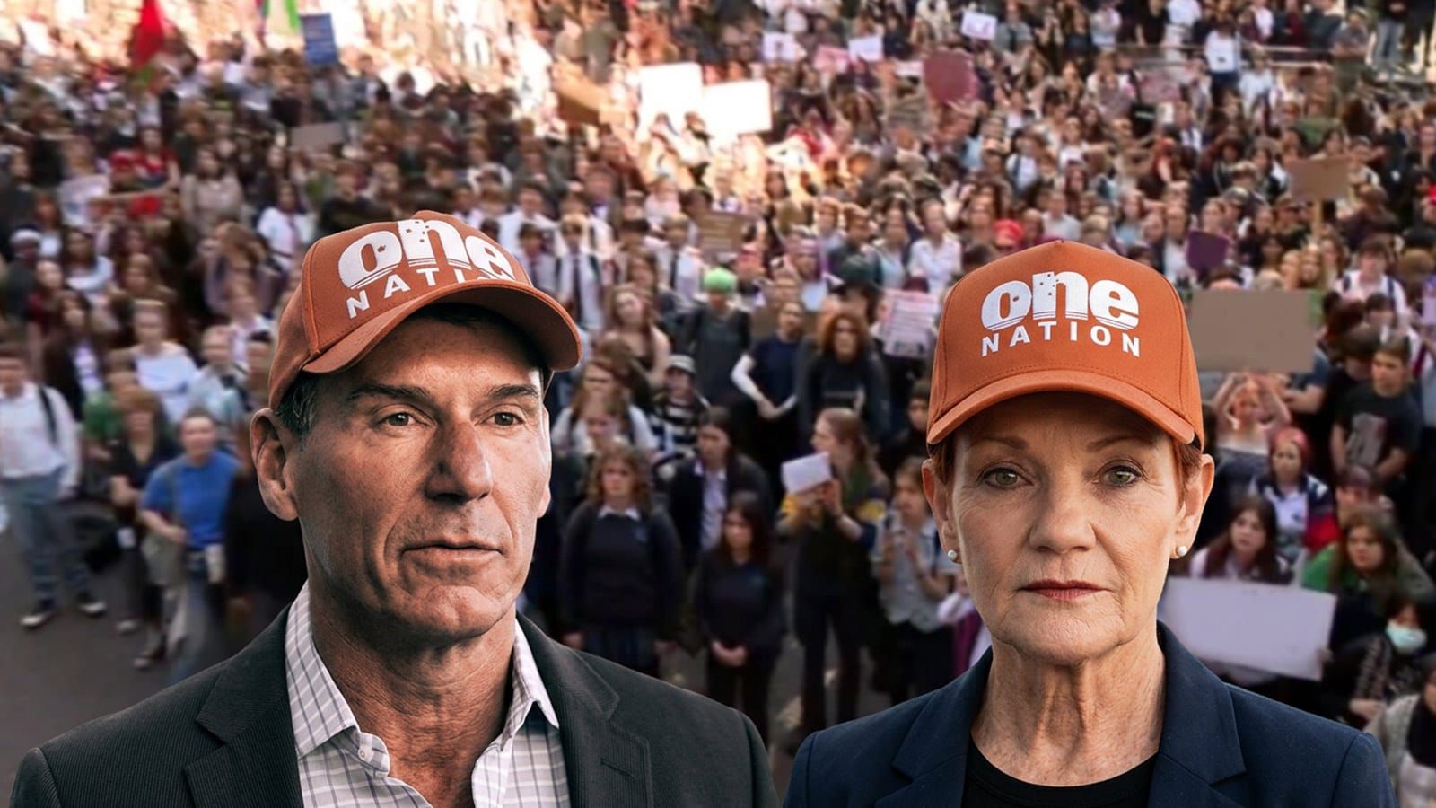 Cory Bernardi and Pauline Hanson in One Nation caps before protest crowd