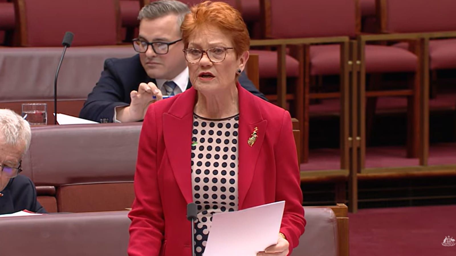 Pauline Hanson standing and speaking in the Senate chamber holding papers