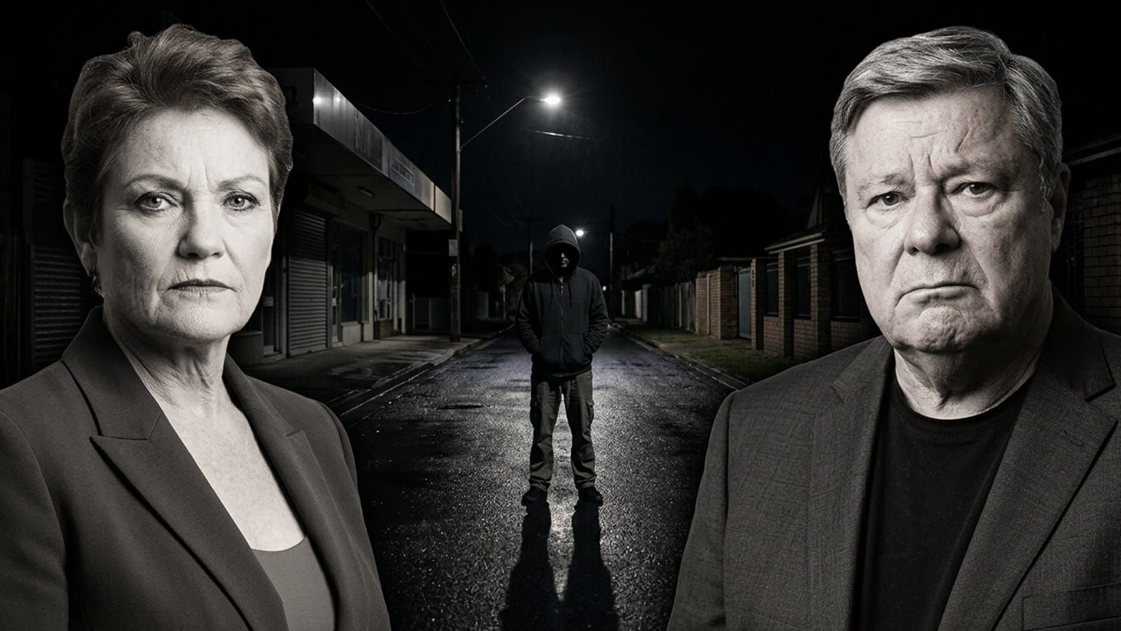 Pauline Hanson and Tim Watson-Munro before a hooded figure on a dark street.