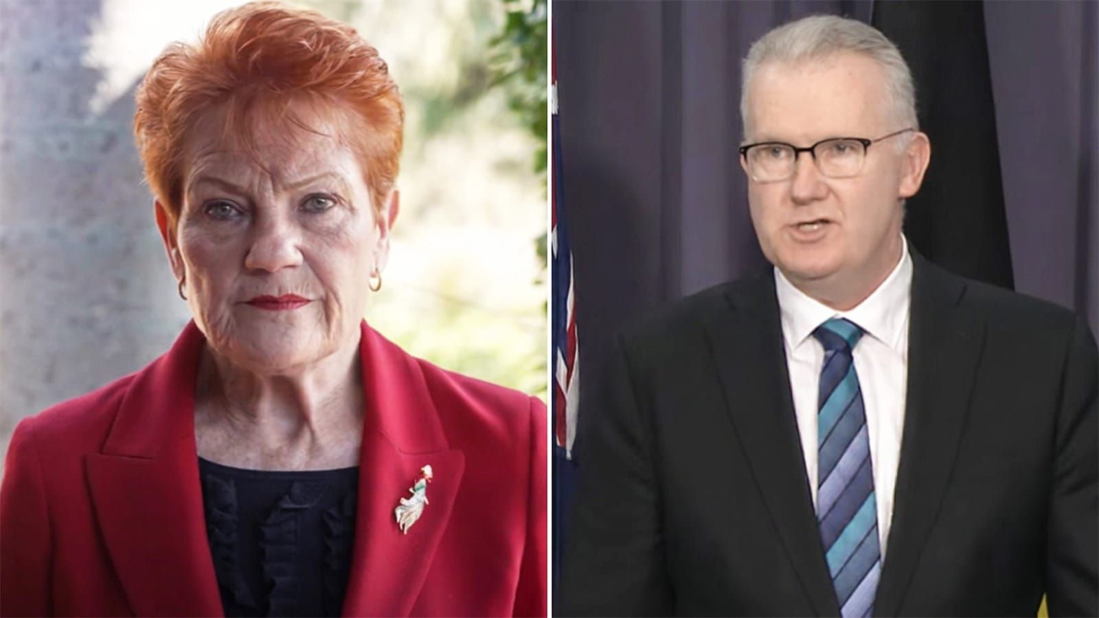 Pauline Hanson in a red blazer beside Tony Burke at a Canberra press conference
