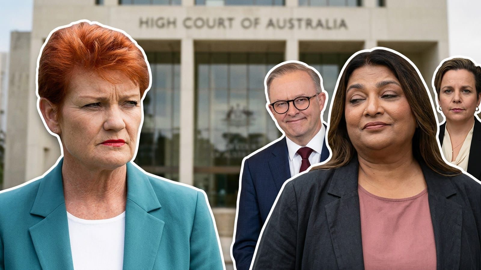 Pauline Hanson faces Mehreen Faruqi, Albanese and Rowland outside the High Court