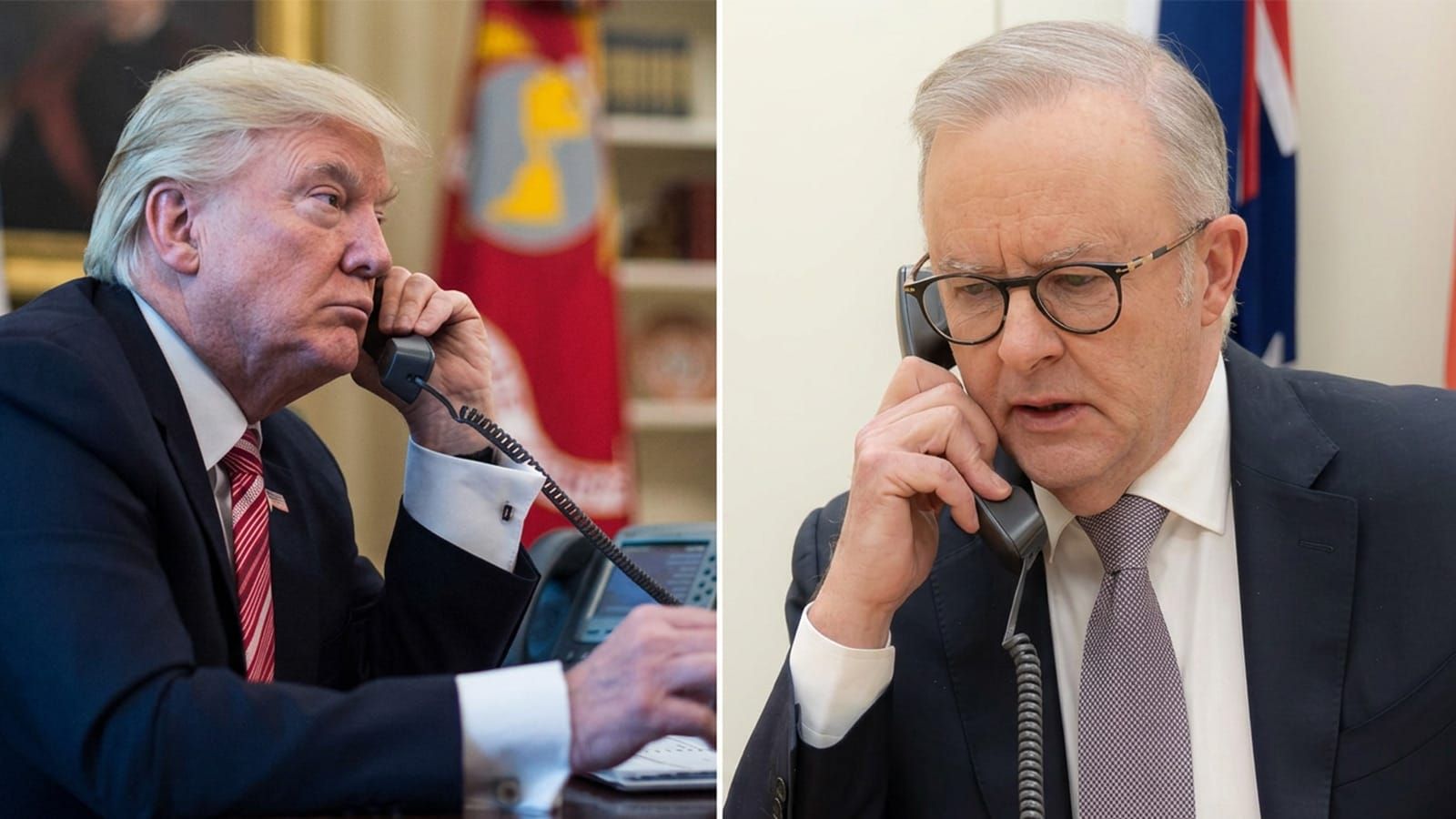 Donald Trump and Anthony Albanese each speaking on desk telephones