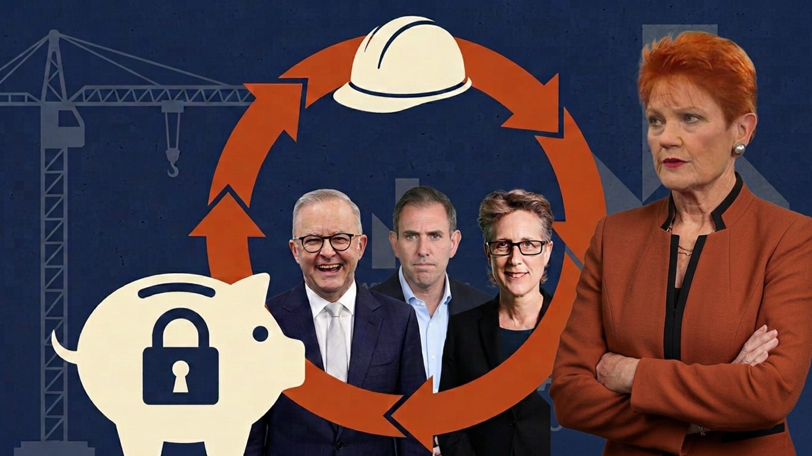 Albanese, Chalmers, McManus and Hanson beside a padlocked piggy bank graphic.