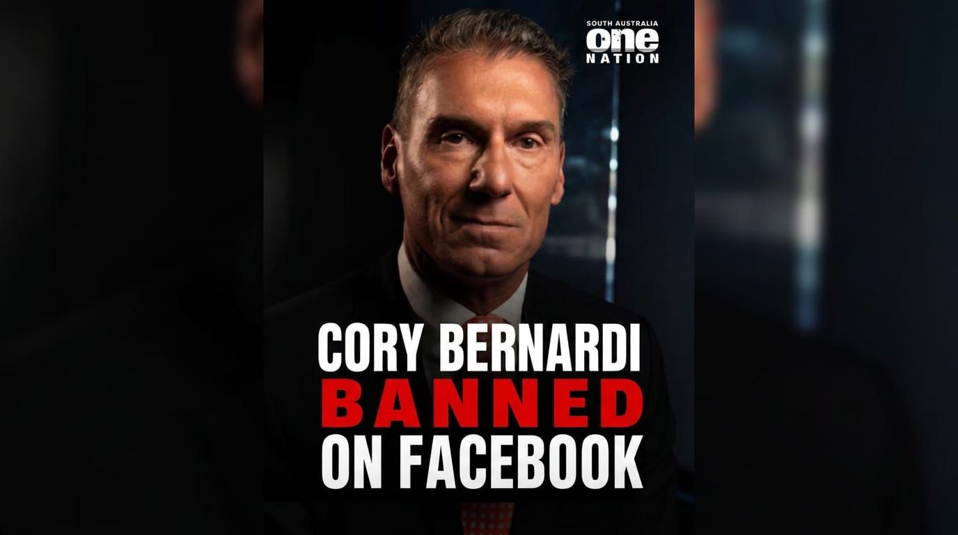 Cory Bernardi beside text reading banned on Facebook