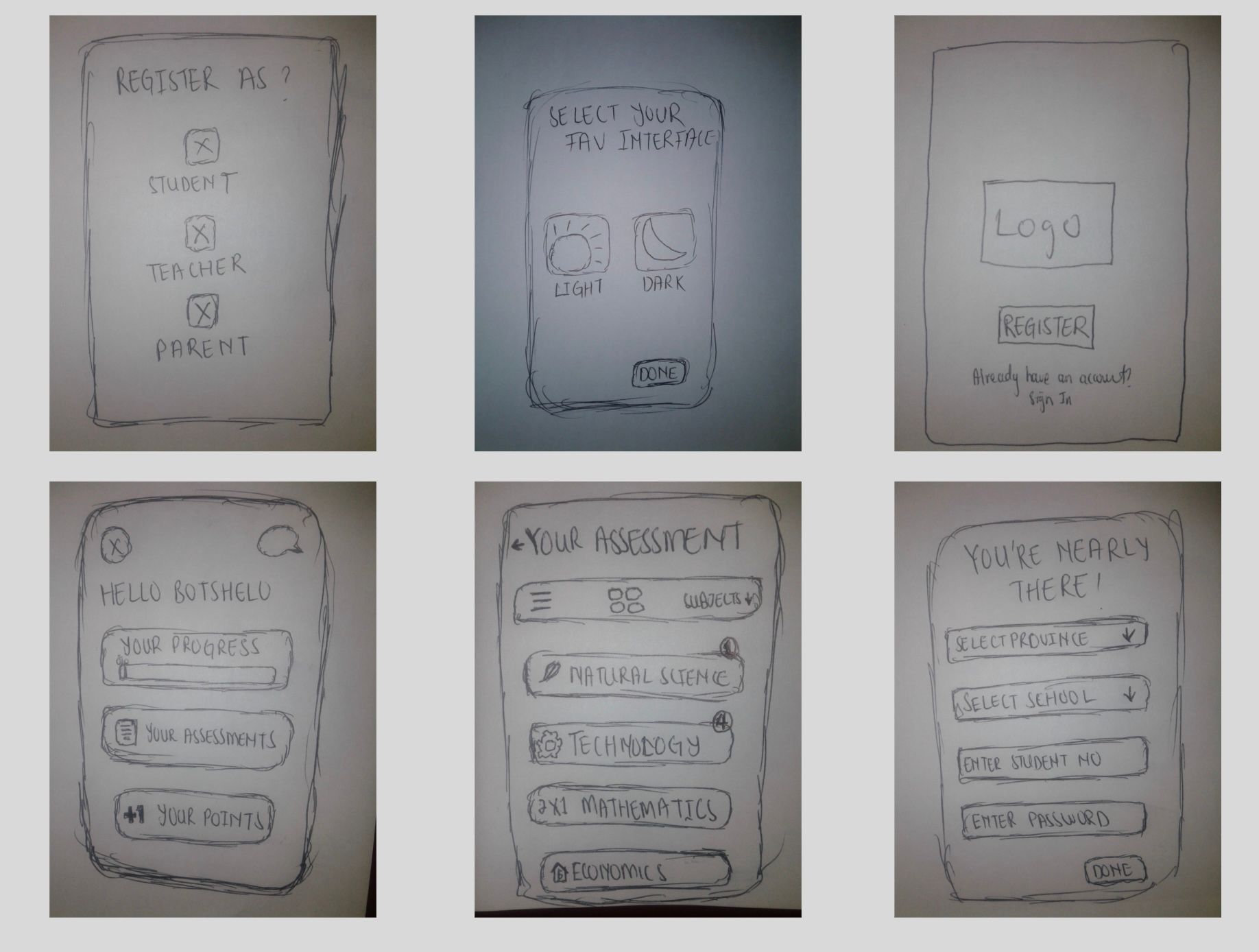 Thuto's wireframes, which were later on imported to Uizard