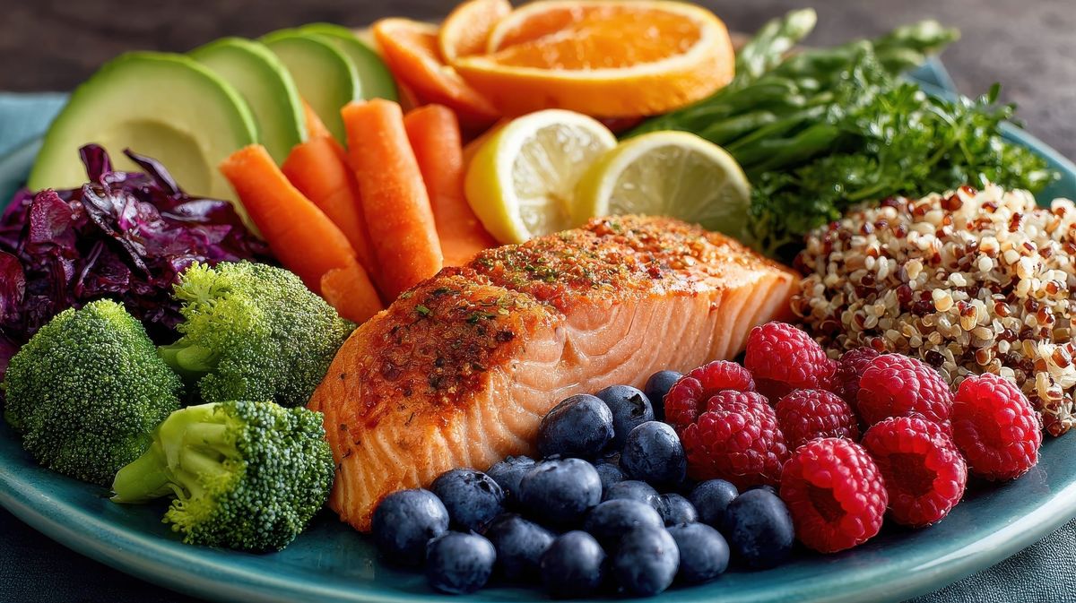 Plate with vegetables, fruits, salmon, and whole grains.