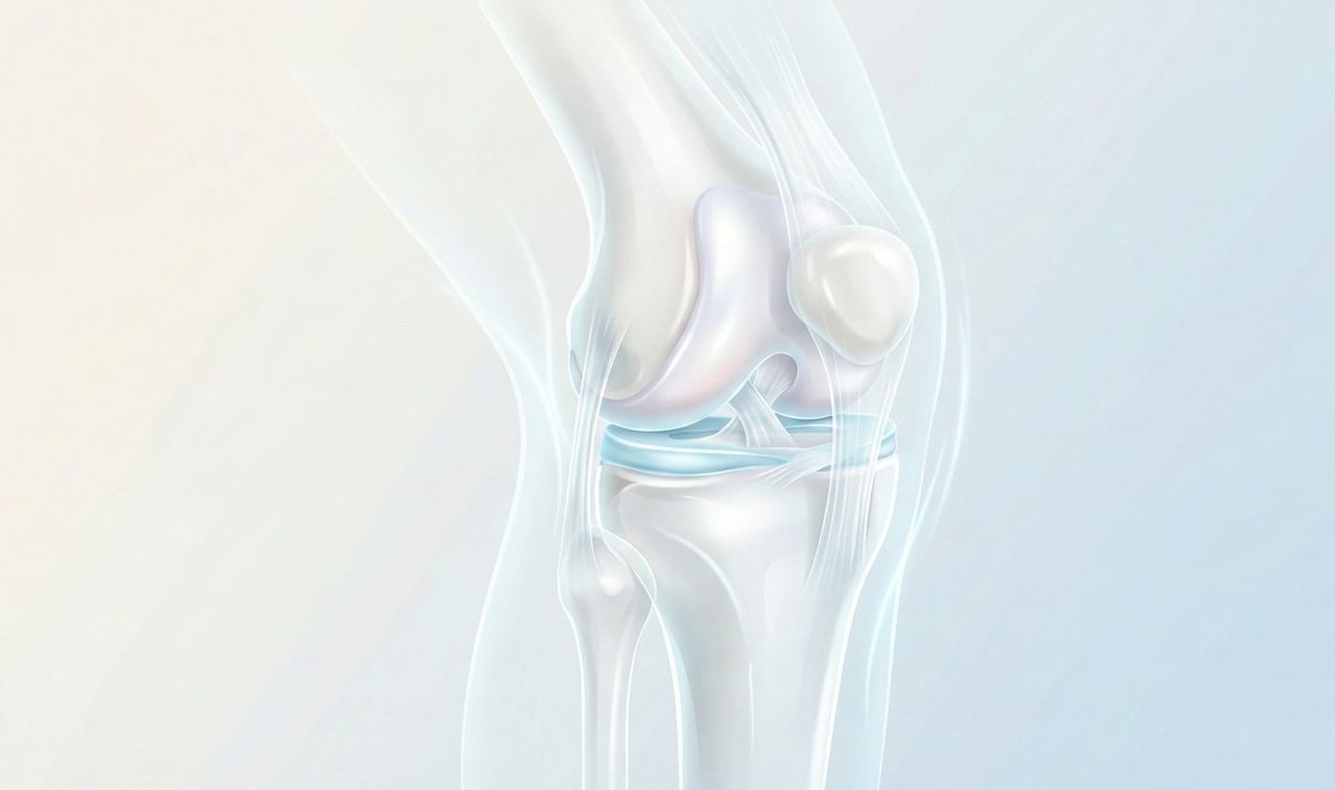 Illustration of a knee joint with emphasis on the cartilage