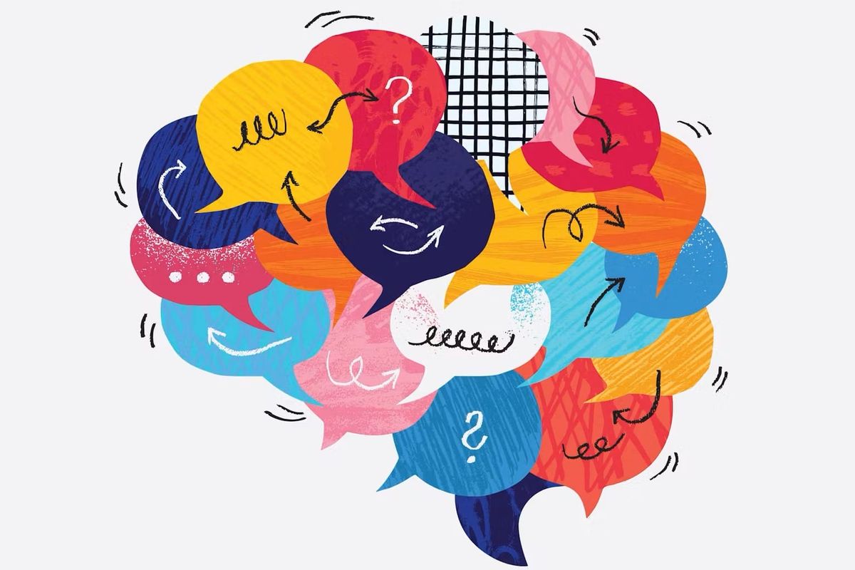 Drawing of a brain with various colorful thought bubbles and symbols drawn across it.
