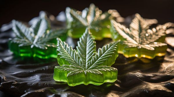Green gummies in the shape of cannabis leaf.