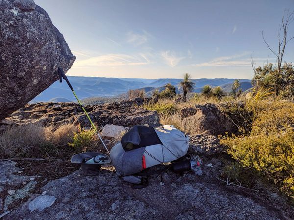 Hiking pack and view on top of Haystack Mountain in Grbraltar Range NP